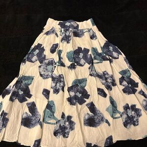 Linen Floral Print Women's Skirt - Blue and White